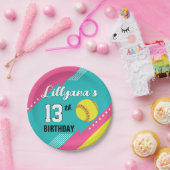 Softball roze Blauwgroen geel verjaardagsfeestje,  Papieren Bordje (Feest)