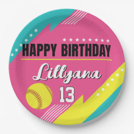 Softball roze Blauwgroen geel verjaardagsfeestje,  Papieren Bordje