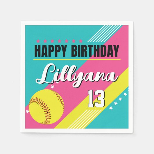 Softball roze Blauwgroen geel verjaardagsfeestje, Servet (Voorkant)
