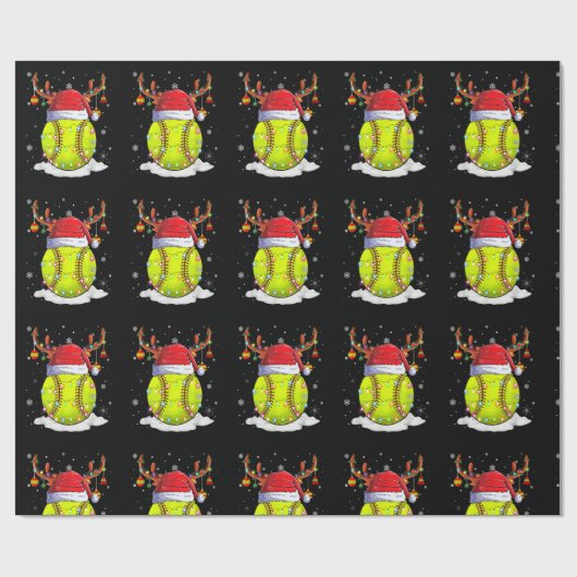 Softball Santa Hat Reindeer-kerstlampjes Funny Cadeaupapier (Vlak)