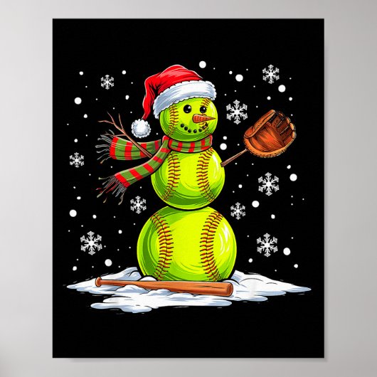 Softball Snowman Softball Player Santa Hat Christm Poster (Voorkant)