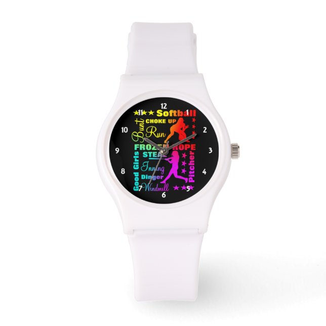 Softball Sporttermen Rainbow Cool Typografie Horloge (Voorkant)