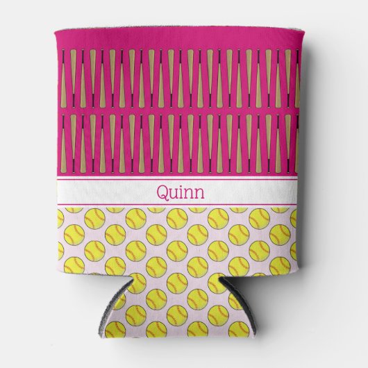 Softball thema patroon aangepaste naam roze blikjeskoeler (Voorkant)