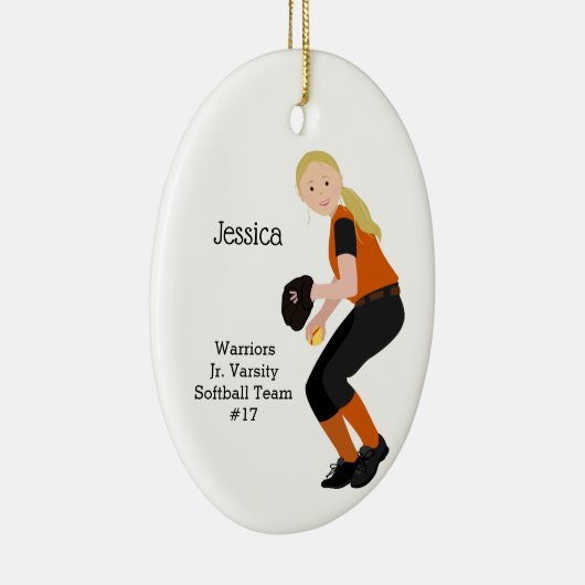 Softball Vrouw Blonde Black en Oranje Keramisch Ornament (Rechts)