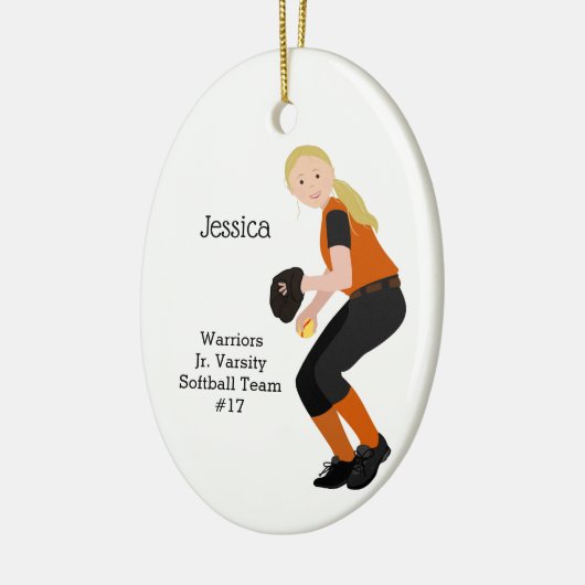 Softball Vrouw Blonde Black en Oranje Keramisch Ornament (Links)