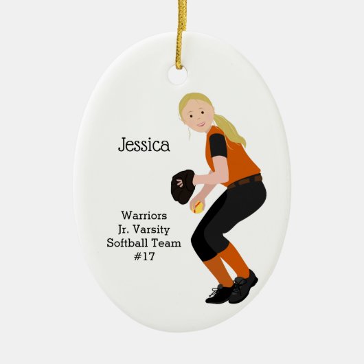 Softball Vrouw Blonde Black en Oranje Keramisch Ornament (Voorkant)