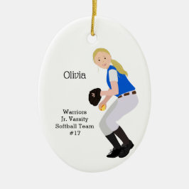 Softball Vrouw Blonde Blue & White Metalen Ornament