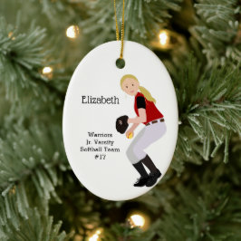 Softball-Vrouw Blonde Red & Black Keramisch Ornament