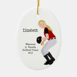 Softball-Vrouw Blonde Red & Black Keramisch Ornament