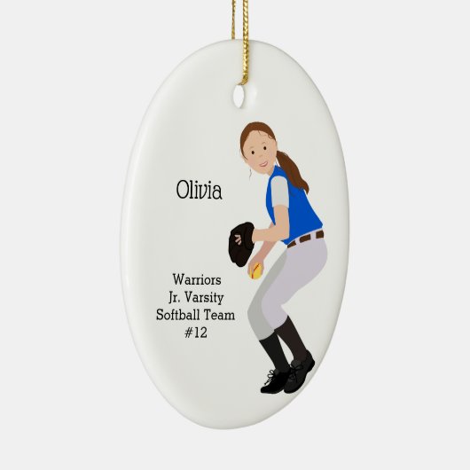Softball Vrouw Brunette Blue & White Keramisch Ornament