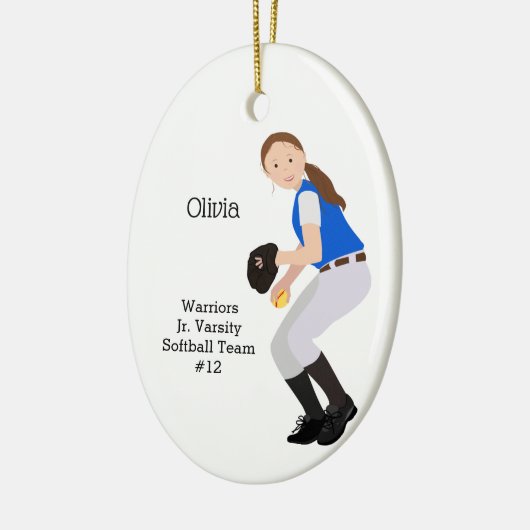 Softball Vrouw Brunette Blue & White Keramisch Ornament (Links)