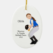 Softball Vrouw Brunette Blue & White Keramisch Ornament (Voorkant)