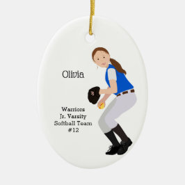 Softball Vrouw Brunette Blue & White Keramisch Ornament