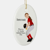Softball Vrouw Brunette Red & White Keramisch Ornament (Rechts)