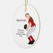 Softball Vrouw Brunette Red & White Keramisch Ornament (Links)
