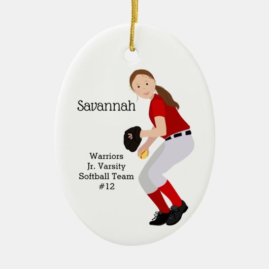 Softball Vrouw Brunette Red & White Keramisch Ornament (Voorkant)