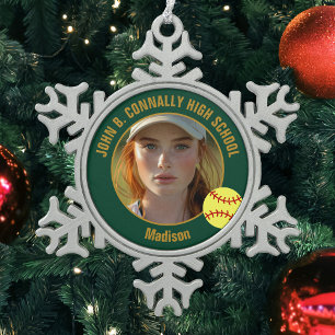 Softbalspeler Foto Hogeschool Groen Goud Tin Sneeuwvlok Ornament