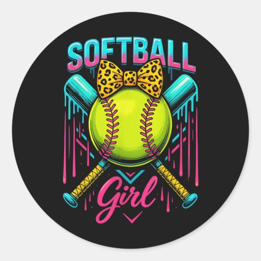 Softbalster Meisje Ice Cream Softbal Drip Ronde Sticker (Voorkant)
