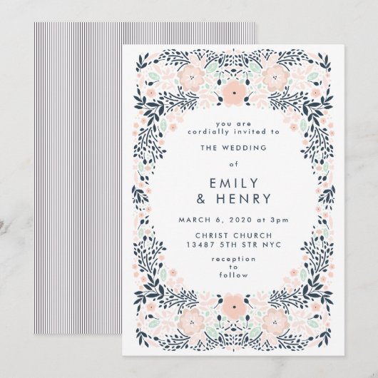 Softest Navy Floral Wedding Invitation Kaart (Voorkant / Achterkant)