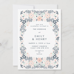 Softest Navy Floral Wedding Invitation Kaart