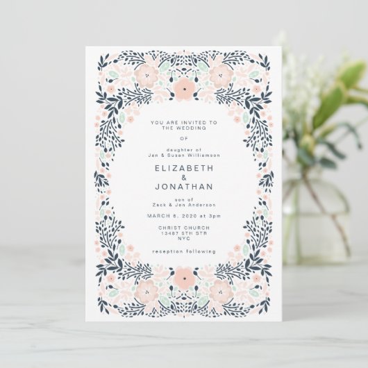 Softest Navy Floral Wedding Invitation Kaart (Staand voorkant)