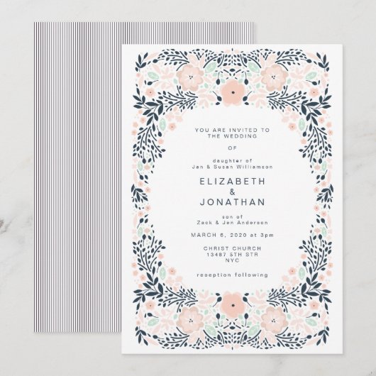 Softest Navy Floral Wedding Invitation Kaart (Voorkant / Achterkant)