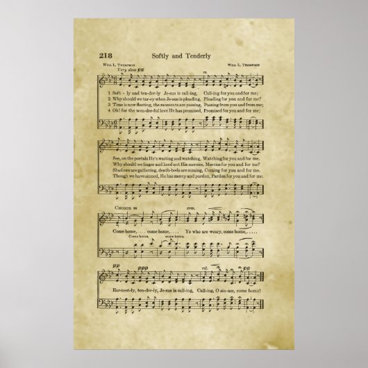 Softly and Tenderly Gospel Sheet Music Poster (Voorkant)