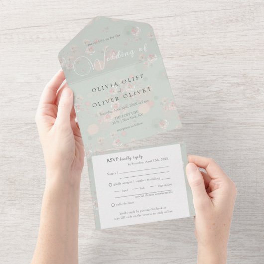 Softness Tea Rozen Wedding All In One Uitnodiging (Afscheurbaar)