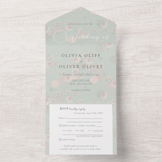 Softness Tea Rozen Wedding All In One Uitnodiging (Binnen)