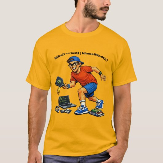 Softwareontwikkelaar die Pickleball speelt met ped T-shirt (Voorkant)