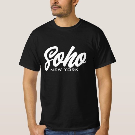 Soho New York zwart-wit script typografie T-shirt (Voorkant)