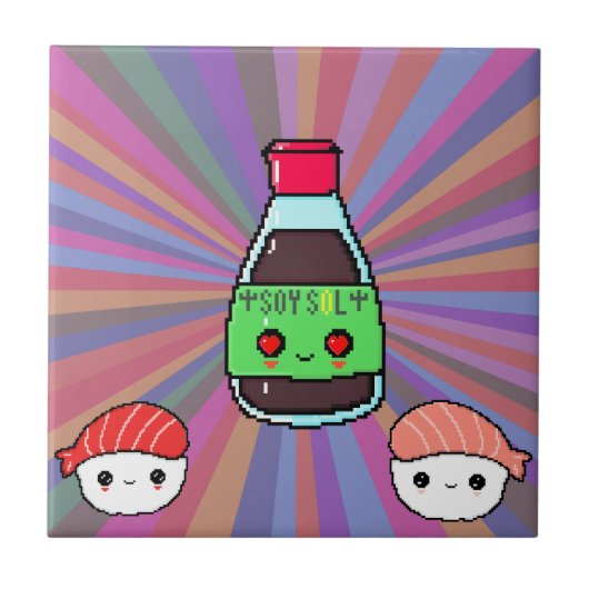 Sojasaus en sushi kawaii pixelregenboog tegeltje (Voorkant)