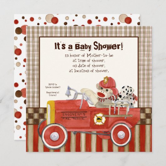 sokaap, vuurwagen jongen Baby shower uitnodiging (Voorkant / Achterkant)