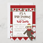 Sokken aapje rood en wit babyshower uitnodigingen (Voorkant)