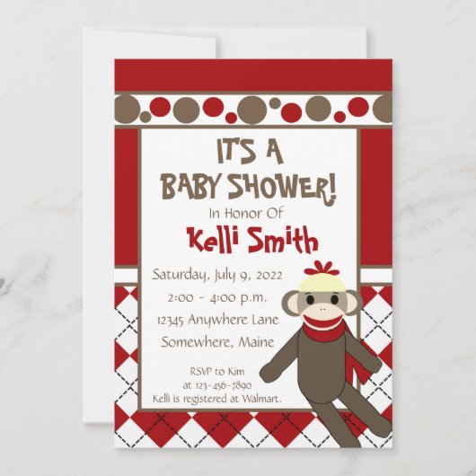 Sokken aapje rood en wit babyshower uitnodigingen (Voorkant)