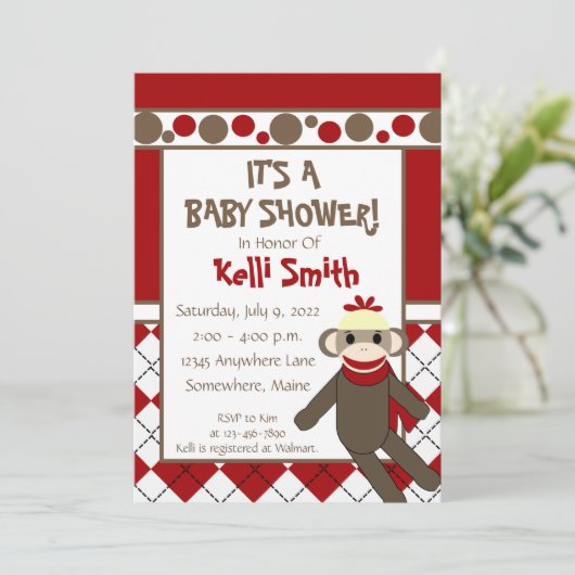 Sokken aapje rood en wit babyshower uitnodigingen (Staand voorkant)