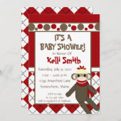 Sokken aapje rood en wit babyshower uitnodigingen (Voorkant / Achterkant)