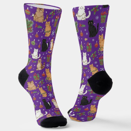 Sokken met speelse Kerstkat print (Gebogen)