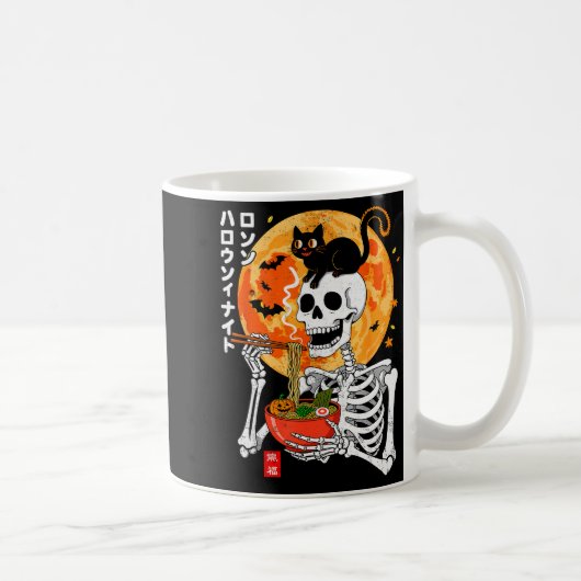 Soky Skeleton Eating Ramen Bowl With Cat Halloween Koffiemok (Rechts)