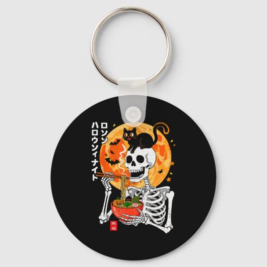 Soky Skeleton Eating Ramen Bowl With Cat Halloween Sleutelhanger (Voorkant)
