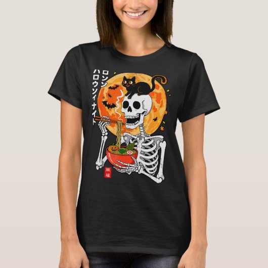 Soky Skeleton Eating Ramen Bowl With Cat Halloween T-shirt (Voorkant)
