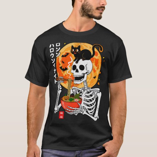 Soky Skeleton Eating Ramen Bowl With Cat Halloween T-shirt (Voorkant)