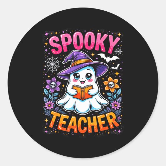 Soky Teacher Cute Ghost Reading Book Funny Hallo  Ronde Sticker (Voorkant)