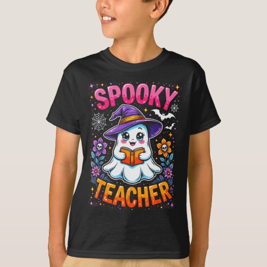 Soky Teacher Cute Ghost Reading Book Funny Hallo  T-shirt (Voorkant)