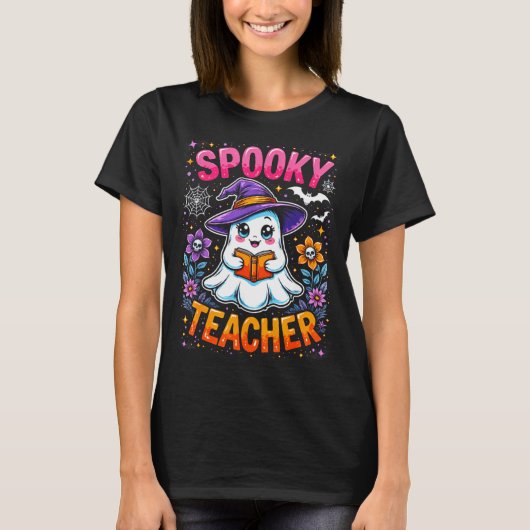 Soky Teacher Cute Ghost Reading Book Funny Hallo T-shirt (Voorkant)