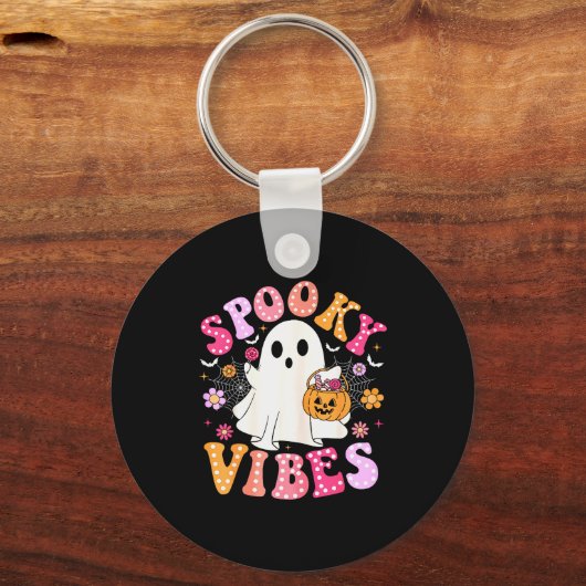 Soky Vibes Ghost Retro Groovy Halloween Women Girl Sleutelhanger (Voorkant)