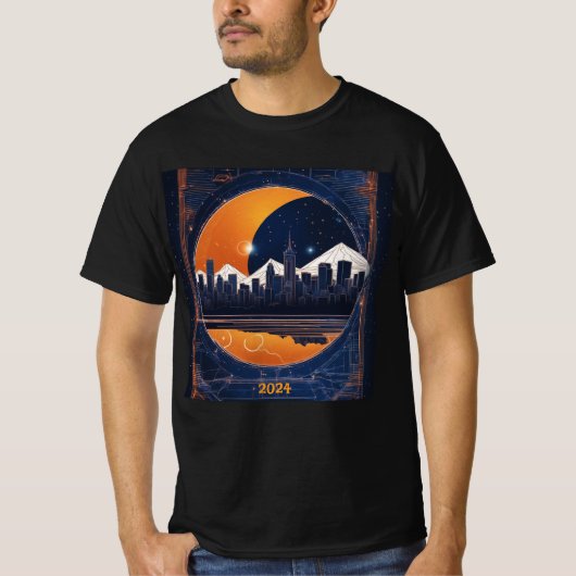 Solar Eclipse Cityscape Hills 2024 Naam toevoegen  T-shirt (Voorkant)