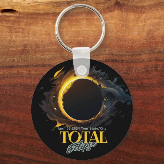 Solar Eclipse Gift 2024 Uw Stad Staat Zwart Sleutelhanger (Voorkant)