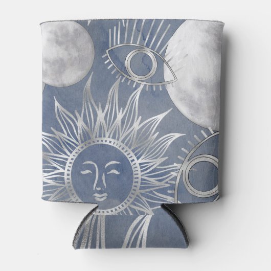 Solar Mystique | Dusty Blue Silver Moon Stars Sun Blikjeskoeler (Voorkant)