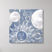 Solar Mystique | Dusty Blue Silver Moon Stars Sun Canvas Afdruk (Voorkant)
